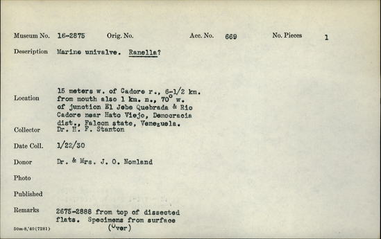 Documentation associated with Hearst Museum object titled Shell, accession number 16-2875, described as Marine univalve . Ranella ?