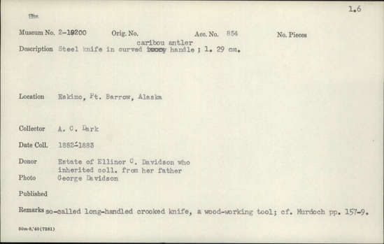 Documentation associated with Hearst Museum object titled Knife, accession number 2-19200, described as Steel knife in curved caribou antler handle.  So-called long-handled crooked knife.