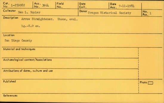 Documentation associated with Hearst Museum object titled Arrow straightener, accession number 1-259082, described as Arrow straightener; stone, oval.