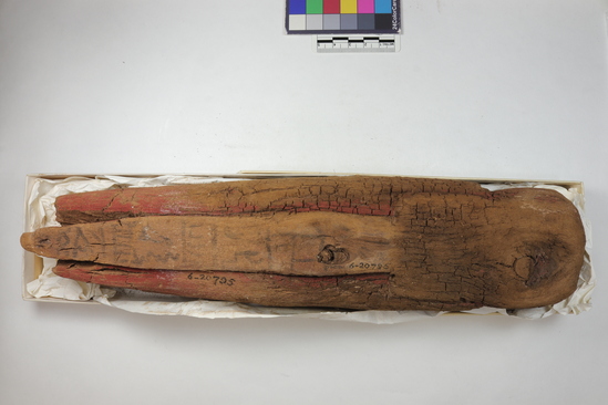 Hearst Museum object titled Inscribed wooden mummy, accession number 6-20795, described as crude wooden mummy, inscribed and painted. New Empire