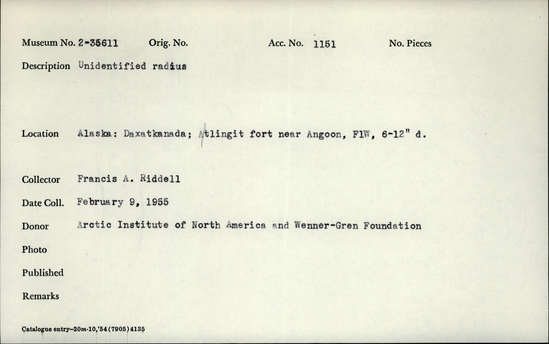 Documentation associated with Hearst Museum object titled Faunal remains, accession number 2-35611, described as Unidentified radius