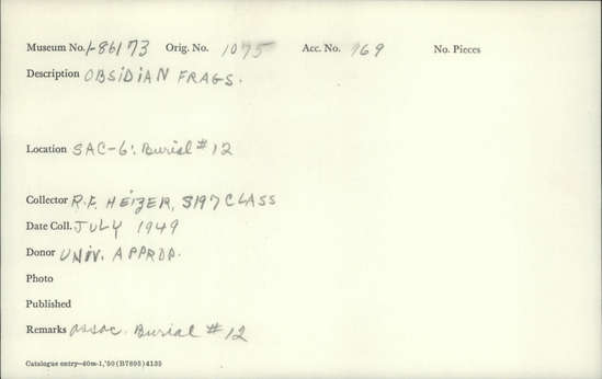 Documentation associated with Hearst Museum object titled Flake, accession number 1-86173, described as Obsidian fragments