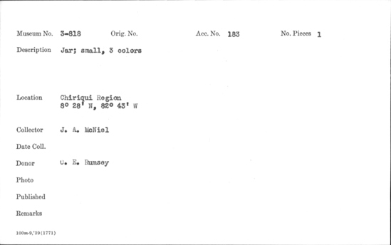 Documentation associated with Hearst Museum object titled Jar, accession number 3-818, described as Jar, small, three colors