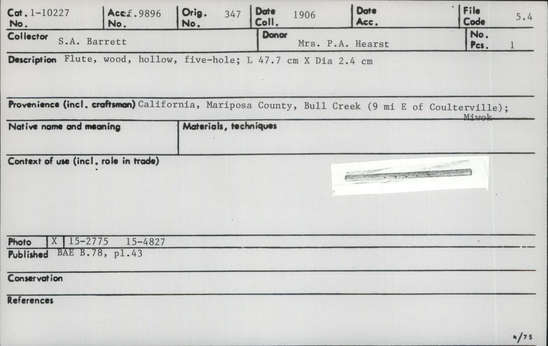 Documentation associated with Hearst Museum object titled Flute, accession number 1-10227, described as Large five holed flute.