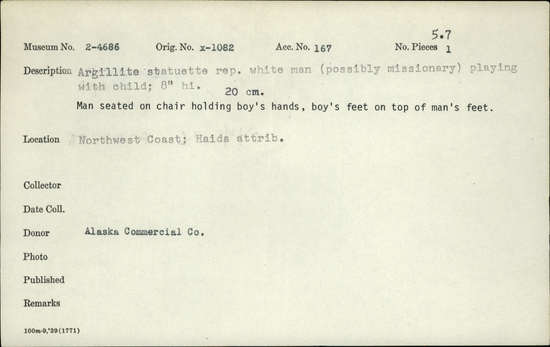 Documentation associated with Hearst Museum object titled Statuette, accession number 2-4686, described as Argillite statuette representing white man (possibly missionary) playing with child.  Man seated on chair holding boy's hands, boy's feet on top of man's feet.