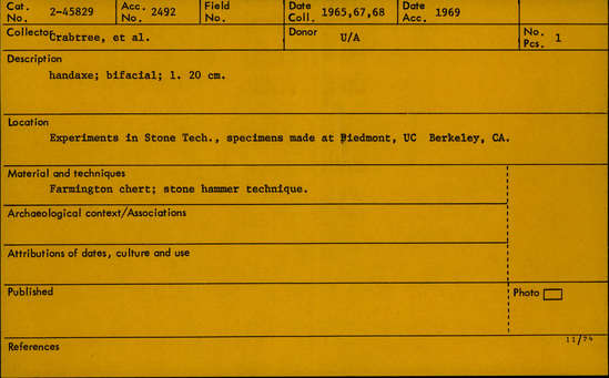 Documentation associated with Hearst Museum object titled Handaxe (reproduction), accession number 2-45829, described as Handaxe; bifacial; length: 20cm