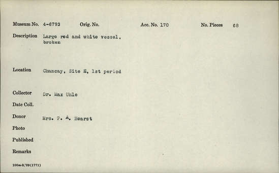 Documentation associated with Hearst Museum object titled Broken vessel, accession number 4-6793, no description available.