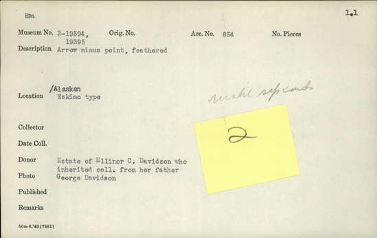 Documentation associated with Hearst Museum object titled Arrow, accession number 2-19394, described as Arrow minus point, feathered.