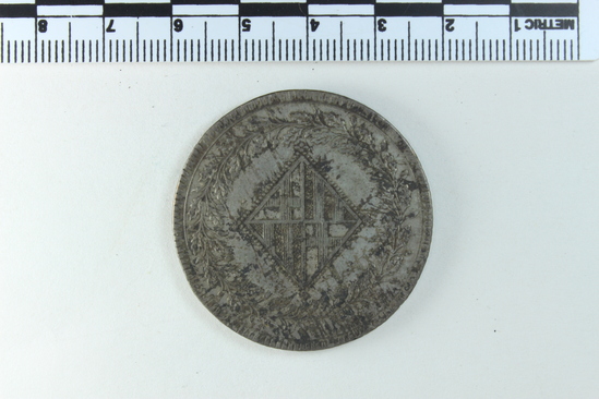 Hearst Museum object titled Coin: 5 peseta, accession number 7-885, described as Coin; 1809; 5 pesetas