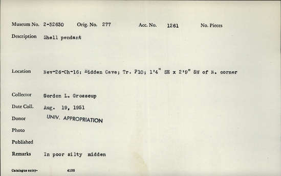 Documentation associated with Hearst Museum object titled Shell pendant, accession number 2-32630, described as Shell pendant