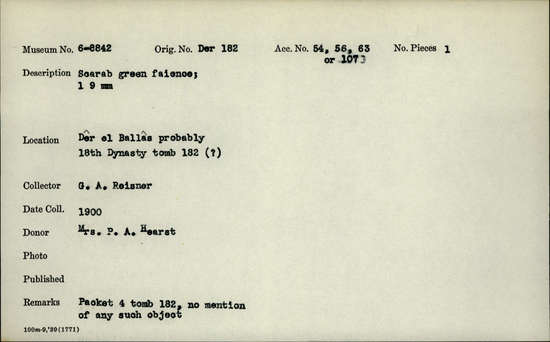 Documentation associated with Hearst Museum object titled Scarab, accession number 6-8842, described as Scarab, green faience; length 9 mm