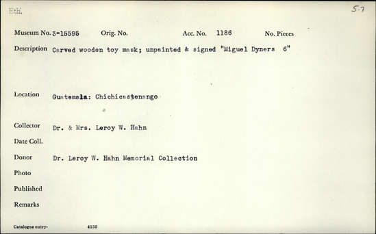 Documentation associated with Hearst Museum object titled Toy mask, accession number 3-15595, described as Carved wooden toy mask; unpainted and signed "Miguel Dynans