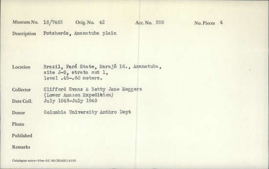 Documentation associated with Hearst Museum object titled Potsherds, accession number 16-7463, described as Potsherds, Anatuba plain