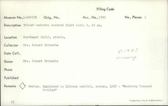 Documentation associated with Hearst Museum object titled Bottle, accession number 1-164138, described as Twined basketry covered light bulb.  Diamond design.