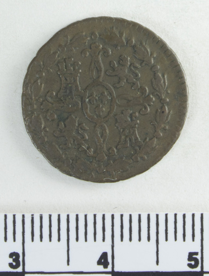 Hearst Museum object titled Coin, accession number 7-4270, described as Spanish coin, copper, number two inscribed on obverse, value unknown, obverse head of Charles III, reverse lions and castles in cross, date 1778.