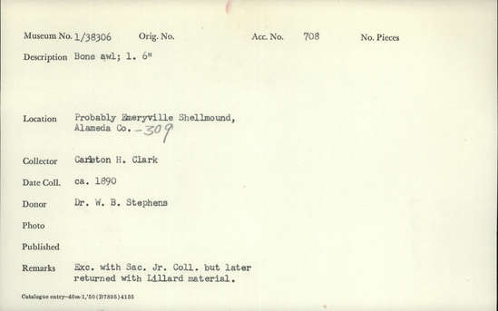 Documentation associated with Hearst Museum object titled Awl, accession number 1-38306, described as bone; 6