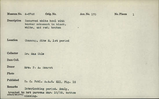 Documentation associated with Hearst Museum object titled Broken bowl, accession number 4-6746, no description available.