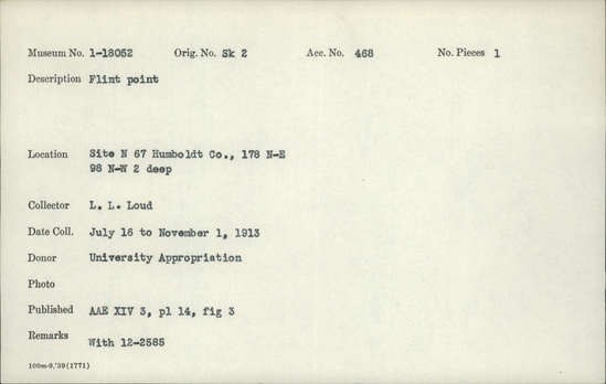 Documentation associated with Hearst Museum object titled Point, accession number 1-18052, described as Flint.