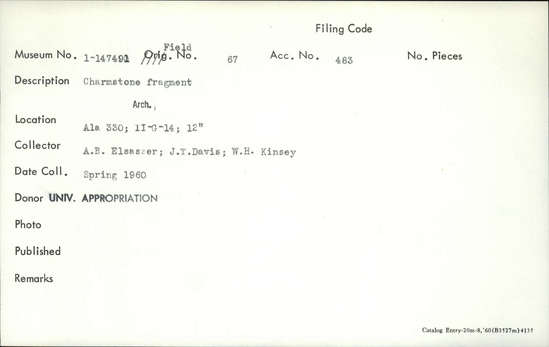 Documentation associated with Hearst Museum object titled Charmstone fragment, accession number 1-147491, described as Charmstone fragment.