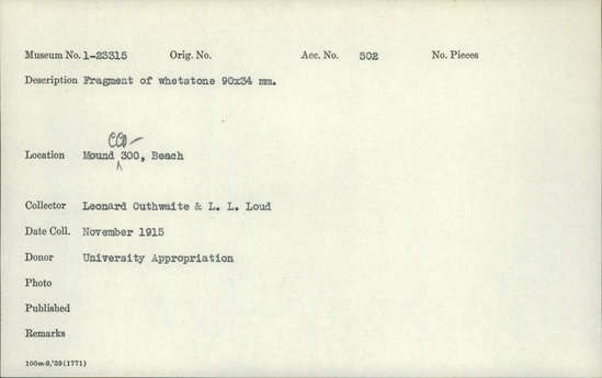 Documentation associated with Hearst Museum object titled Whetstone, accession number 1-23315, described as Fragment of whetstone 90x34 mm.