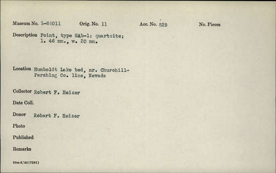 Documentation associated with Hearst Museum object titled Point, accession number 1-65011, described as Type NAb-1: quartzite