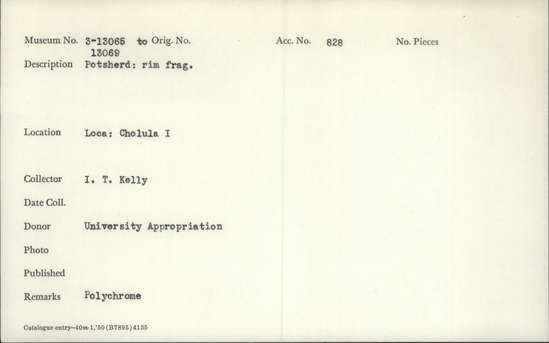 Documentation associated with Hearst Museum object titled Potsherd, accession number 3-13065, described as Potsherd, rim fragment.