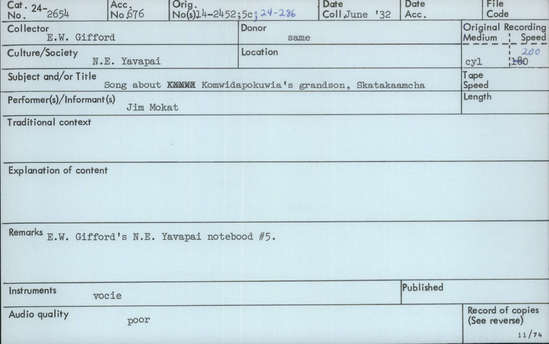 Documentation associated with Hearst Museum object titled Audio recording, accession number 24-2654, described as Song about Komwidapokuwia's grandson, Skatakaamcha