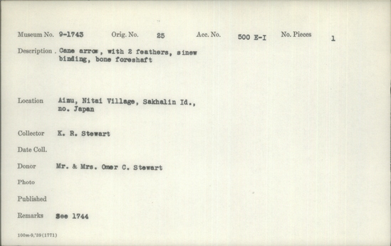 Documentation associated with Hearst Museum object titled Woden arrow with bone point, accession number 9-1743, described as Cane arrow with 2 feathers; sinew binding; bone foreshaft