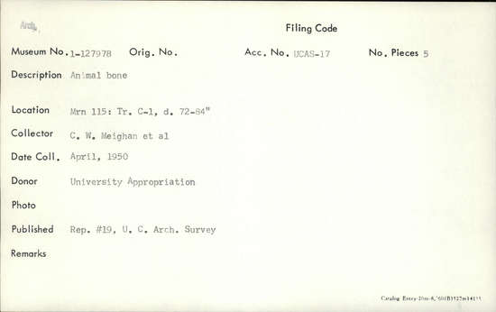 Documentation associated with Hearst Museum object titled Faunal remains, accession number 1-127978, described as 5+ bone fragments.