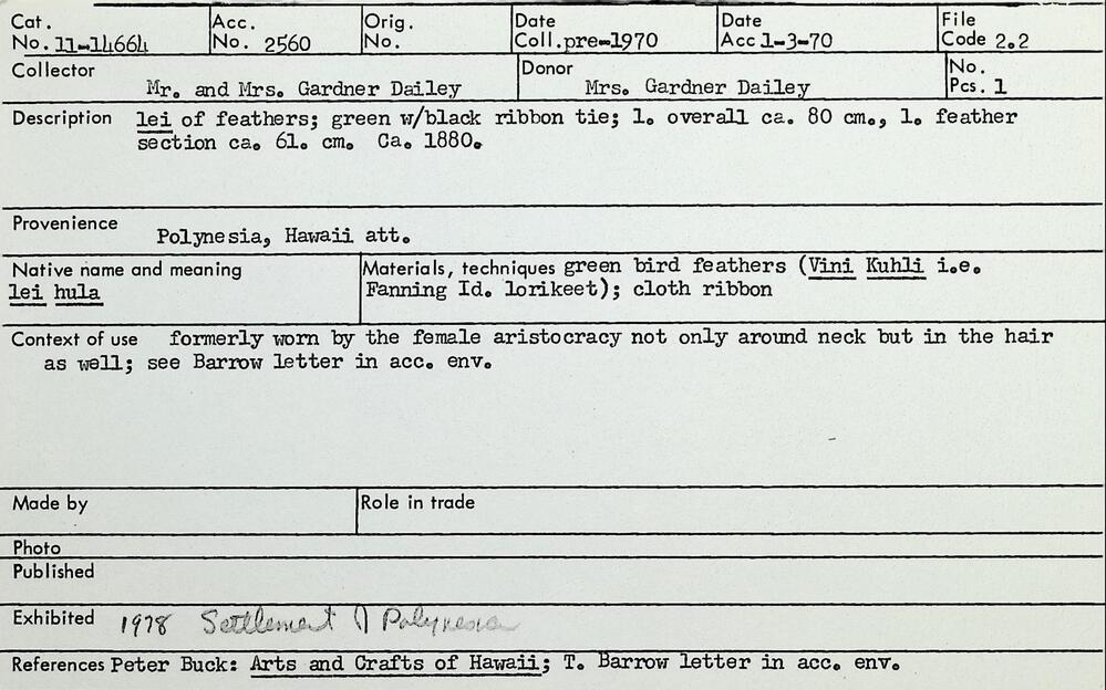 Hearst Museum object titled Lei hulu (feather necklace), accession number 11-14664, described as Lei of feathers; green with black ribbon tie. Materials: green bird feathers ("Vini Kuhli" i.e. Fanning Id. lorikeet); cloth ribbon. Indigenous name: "lei hula.