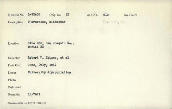 Documentation associated with Hearst Museum object titled Charmstone, accession number 1-73402, described as Alabaster charmstone.