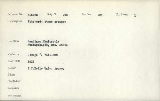 Documentation associated with Hearst Museum object titled Potsherd, accession number 3-5275, described as Potsherd: Stone scraper.