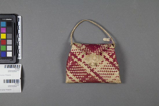 Hearst Museum object 2 of 2 titled Woven purse, accession number 10-2595a,b, described as A) Bag with loop handle; twill plaiting; red and natural; 4.25 inches by 5 inches wide. B) Twilled insert; 4.25 inches by 3.25 inches