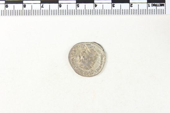 Hearst Museum object 4 of 8 titled Coin: billon antoninianus, accession number 8-4374, described as Coin; Billon; Antoninianus; Roman. 3.25 grams, 22 mm. Aemilian, 253-254. Obverse: IMP AEMILIANVS PIVS FEL AVG, bust r. radiate, draped, cuirassed. Reverse: VICTORIA AVG, Victory standing l.