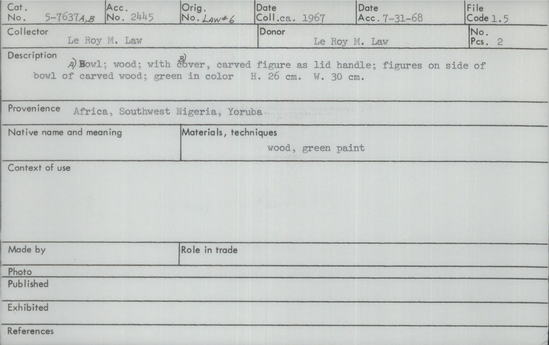 Documentation associated with Hearst Museum object titled Bowl and cover, accession number 5-7637a,b, described as a) bowl;  wood;  with b) cover, carved figure as lid handle;  figures on side of bowl of carved wood;  green in color.  H. 26 cm. W. 30 cm.