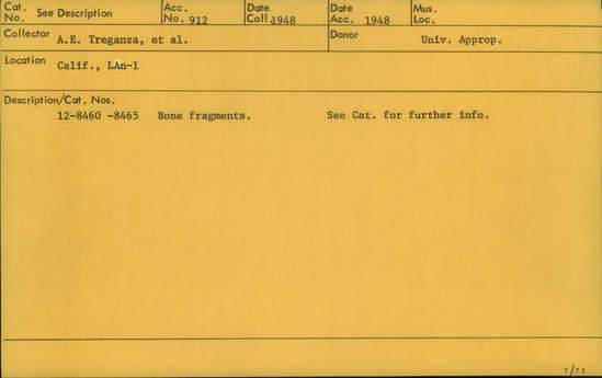 Documentation associated with Hearst Museum object titled Human remains, accession number 12-8461, described as Bone fragments