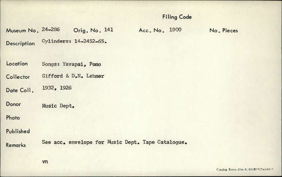 Documentation associated with Hearst Museum object titled Audio recording, accession number 24-286, described as Songs: Yavapai, Pomo. See acc. envelope for music dept. tape catalogue. Cylinders: 14-2452-65.