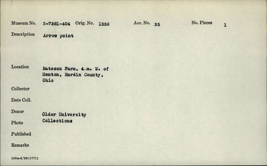 Documentation associated with Hearst Museum object titled Projectile point, accession number 2-7398, described as Arrow point.