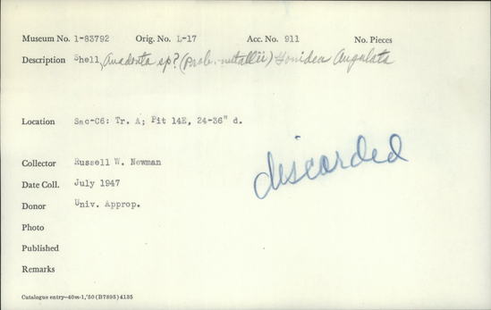 Documentation associated with Hearst Museum object titled Shell, accession number 1-83792, described as Anadonta sp? probably nutallii, gonidea augulata