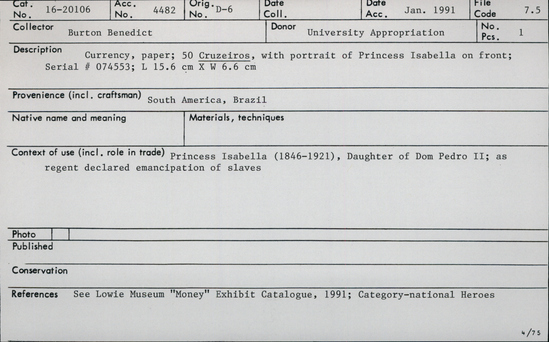 Documentation associated with Hearst Museum object titled Paper money, accession number 16-20106, no description available.