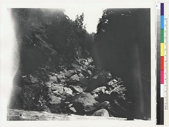 Hearst Museum object titled Black-and-white negative, accession number 15-4299, described as Site of former waterfall on Larrabee Creek