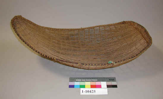 Hearst Museum object titled Winnower, accession number 1-10425, described as Winnower basket; openwork; twined; large and triangular. Warp and weft are Willow (Salix).