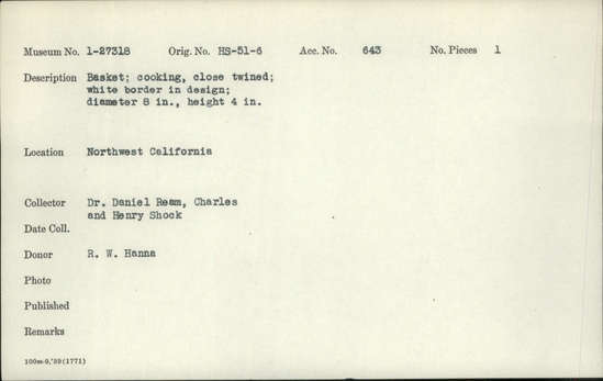 Documentation associated with Hearst Museum object titled Cooking basket, accession number 1-27318, described as Close twined, white border in design.