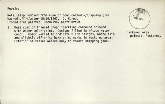 Documentation associated with Hearst Museum object titled Bowl, accession number 2-34185, described as Made of pottery.  Interior designs of black on white; narrow parallel lines around rim; grasshopper on bottom.  Hole in bottom ("kill hole").  Decorations in mineral paint.