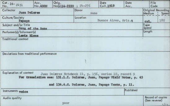 Documentation associated with Hearst Museum object titled Audio recording, accession number 24-2431, described as Song of the Bats Notebook 14, p.156 Series 10, Record 9