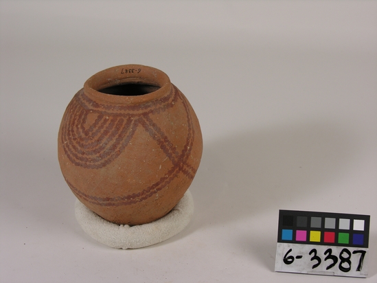 Hearst Museum object titled Jar, accession number 6-3387, described as pottery: buff globose jar ld 7 cm, gd 13.5 cm, height 15 cm