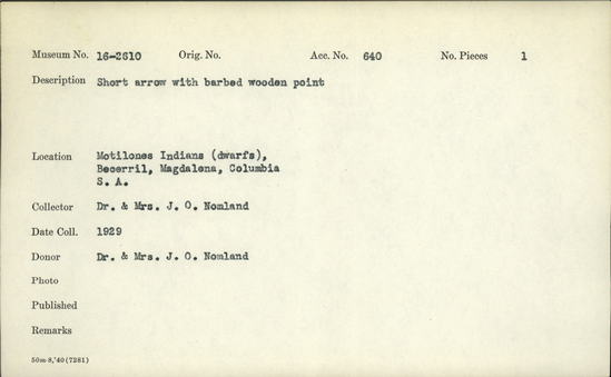 Documentation associated with Hearst Museum object titled Arrow, accession number 16-2610, described as Short arrow with barbed wooden point