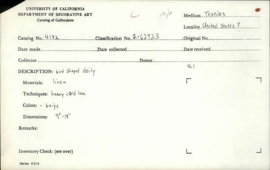 Documentation associated with Hearst Museum object titled Textile fragment, accession number 2-62923, described as Bird shaped doily. LInen. heavy cord lace. Beige