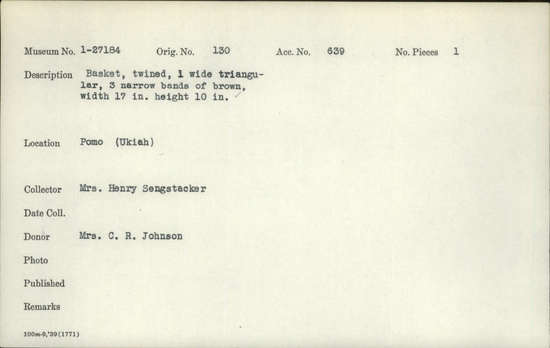 Documentation associated with Hearst Museum object titled Basket, accession number 1-27184, described as Twined.  1 wide triangular, 3 narrow bands of brown.