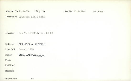 Documentation associated with Hearst Museum object titled Bead, accession number 1-196764, described as Olivella shell.